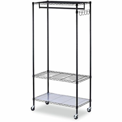 Alera Garment Rack - 30 x Garment - 3 Shelf(ves) - 5 Hook(s) - 75" Height x 36" Width x 18" Depth - Welded, Ventilated, Double Sided, Lockable Casters - Black - Steel, Wire