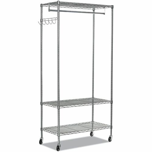 Alera Garment Rack - 40 x Garment - 3 Shelf(ves) - 5 Hook(s) - 75" Height x 48" Width x 18" Depth - Welded, Ventilated, Double Sided, Lockable Casters - Silver - Steel, Wire