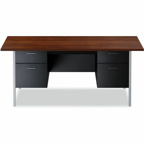Alera Double Pedestal Steel Desk, 72" x 36" x 29.5" , Mocha/Black, Chrome-Plated Legs - Rectangle Top - Black, Mocha Base - 5 Drawers - 29.50" Height x 72" Width x 36" Depth - Office - Assembly Required - Laminate, Wood Grain Top Material - Steel Base Mat