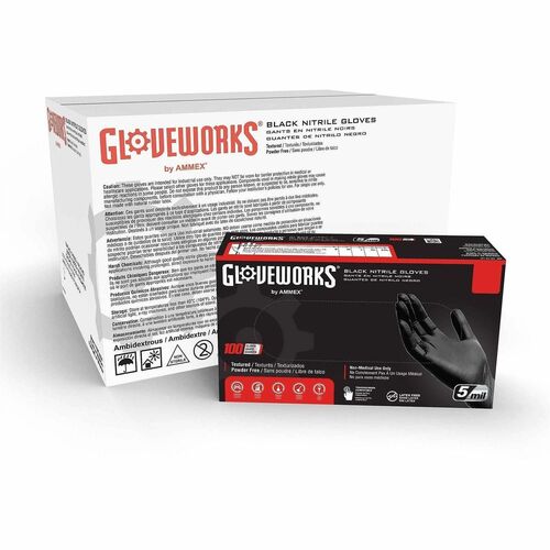 Gloveworks Industrial Black Powder-Free Nitrile Gloves - 5 mil Thickness x 13.98" Glove Length - Cut, Allergy, Chemical, Dirt, Grime Protection - Polymer Coating - Small Size - For Right/Left Hand - Nitrile - Black - Touchscreen Capable - Chlorinate, Comf