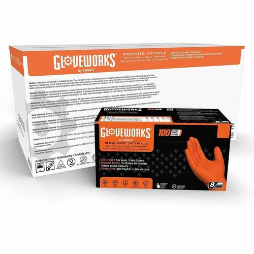Gloveworks Industrial RDT Powder-Free Nitrile Gloves - 8 mil Thickness x 21.14" Glove Length - Chemical Protection - Polymer Coating - Large Size - For Right/Left Hand - Raised Diamond Texture - Nitrile - Orange - Touchscreen Capable - High Visibility, Te