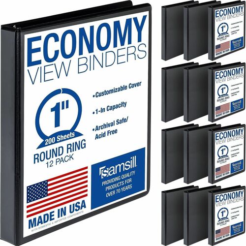 Samsill Light-Duty 3-Ring Binders - 1" Binder Capacity - Letter - 8 1/2" x 11" Sheet Size - 200 Sheet Capacity - 3 Ring - Fastener: Round Ring - Pocket: 2, Internal - Fiberboard - Black - Recycled - Clear Overlay, Pocket, Lay Flat, PVC-free, Clear Front, 