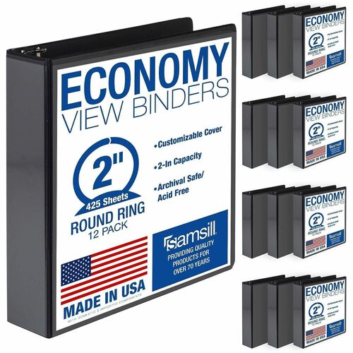 Samsill Light-Duty 3-Ring Binders - 2" Binder Capacity - Letter - 8 1/2" x 11" Sheet Size - 425 Sheet Capacity - 3 Ring - Fastener: Round Ring - Pocket: 2, Internal - Fiberboard - Black - Recycled - Clear Overlay, Pocket, Lay Flat, PVC-free, Clear Front, 