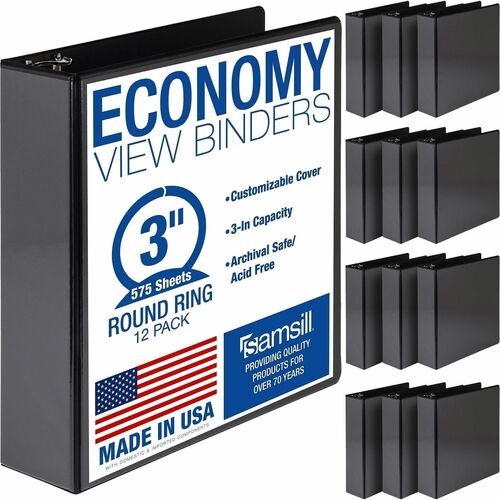 Samsill Light-Duty 3-Ring Binders - 3" Binder Capacity - Letter - 8 1/2" x 11" Sheet Size - 550 Sheet Capacity - 3 Ring - Fastener: Round Ring - Pocket: 2, Internal - Fiberboard - Black - Recycled - Clear Overlay, Pocket, Lay Flat, PVC-free, Clear Front, 