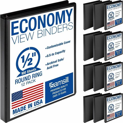 Samsill Light-Duty 3-Ring Binders - 1/2" Binder Capacity - Letter - 8 1/2" x 11" Sheet Size - 100 Sheet Capacity - 3 Ring - Fastener: Round Ring - Pocket: 2, Internal - Fiberboard - Black - Recycled - Clear Overlay, Pocket, Lay Flat, PVC-free, Clear Front