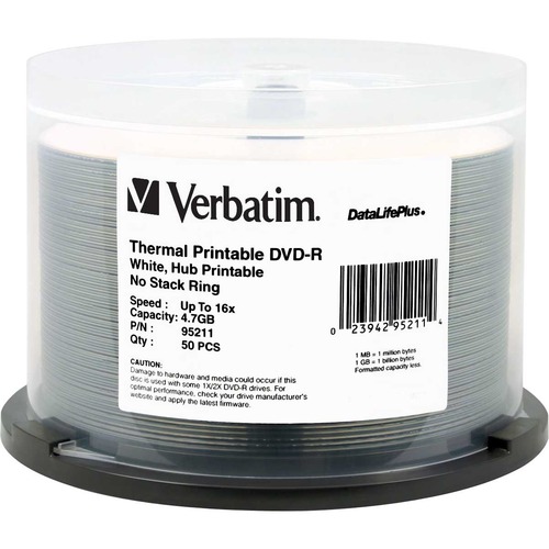 Verbatim DVD-R 4.7GB 16X DataLifePlus White Thermal Printable, Hub Printable - 50pk Spindle - 4.7GB - 50 Pack