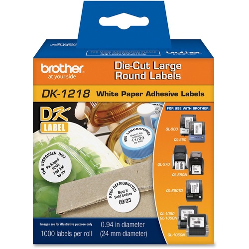 Brother DK1218 - White Round Paper Adhesive Labels - 1" Length - 1000 / Roll - Direct Thermal - White - 1000 / Roll