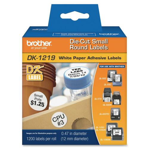 Brother DK1219 - White Small Round Paper Labels - 0.50" Length - 1200 / Roll - Direct Thermal - White - 1 Roll