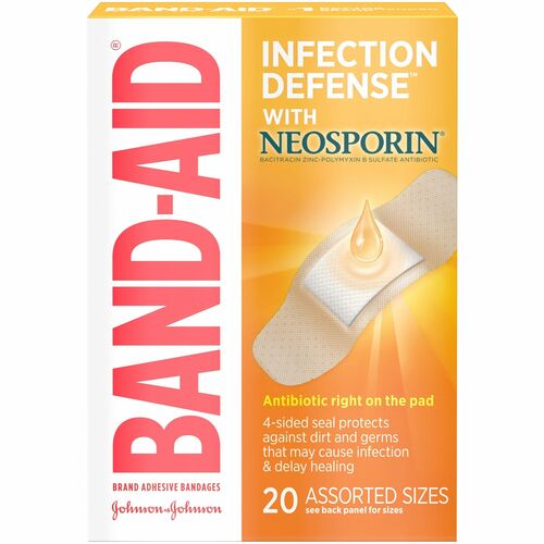 Band-Aid Adhesive Bandages Infection Defense with Neosporin - Assorted Sizes - 20/Box - Beige