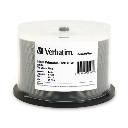 Verbatim DVD+RW 4.7GB 4X DataLifePlus White Inkjet Printable - 50pk Spindle - 4.7GB - 50 Pack