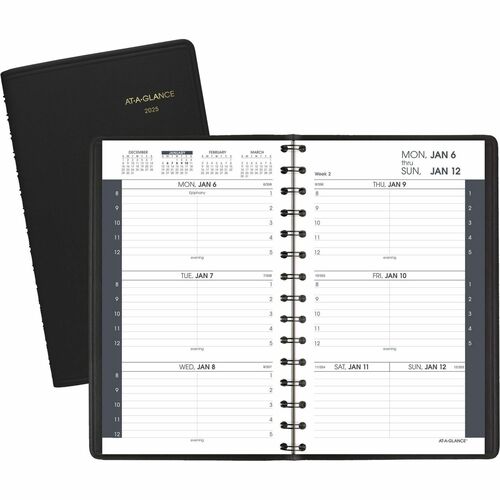 At-A-Glance Appointment Book Planner - Weekly - 1 Year - January 2024 - December 2024 - 8:00 AM to 5:00 PM - Hourly - 1 Week Double Page Layout - 4 7/8" x 8" Sheet Size - Black - Faux Leather - Pocket, Notepad - 1 Each