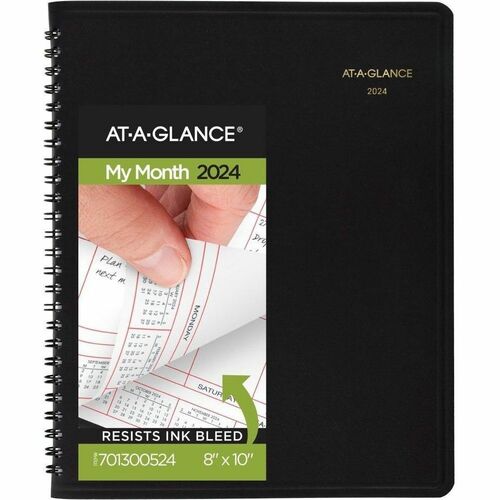 At-A-Glance Monthly Planner - Monthly - 1 Year - January 2023 - December 2023 - 1 Month Double Page Layout - 8" x 10" Sheet Size - Wire Bound - Simulated Leather - Black - Address Directory, Phone Directory, Perforated - 1 Each