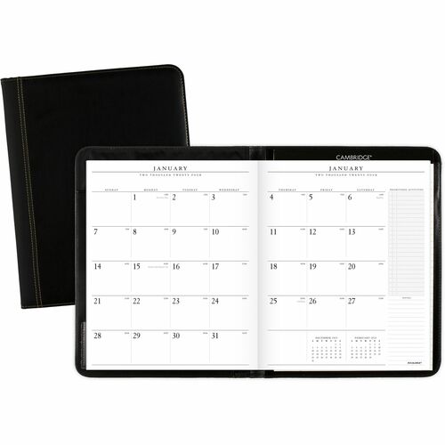 At-A-Glance Executive Monthly Padfolio - Julian Dates - Monthly - 13 Month - January 2023 - January 2024 - 1 Month Double Page Layout - 9" x 11" Sheet Size - Wire Bound - Black - Simulated Leather - Pocket, Holder, Notepad, Business Card Holder, Pen Loop,
