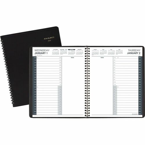 At-A-Glance 24-HourAppointment Book Planner - Medium Size - Julian Dates - Daily - 1 Year - January 2024 - December 2024 - 12:00 AM to 11:00 PM - Hourly - 1 Day Single Page Layout - 7" x 8 3/4" White Sheet - Wire Bound - Black - Simulated Leather, Faux Le