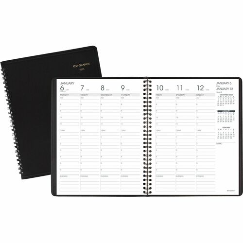 At-A-Glance Appointment Book Planner - Medium Size - Julian Dates - Weekly - 13 Month - January 2025 - January 2026 - 8:00 AM to 6:00 PM - Hourly - 1 Week Double Page Layout - 7" x 8 3/4" White Sheet - Wire Bound - Black - Simulated Leather, Faux Leather 