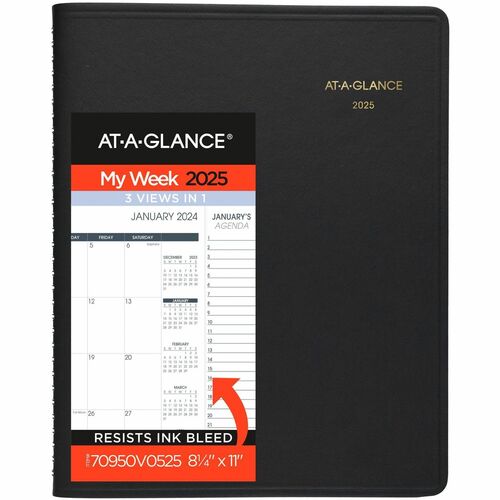 At-A-Glance Triple View Appointment Book - Large Size - Julian Dates - Weekly, Monthly - 1 Year - January 2024 - December 2024 - 7:00 AM to 8:45 PM - Quarter-hourly, 7:00 AM to 5:45 PM - Quarter-hourly - 1 Week Double Page Layout - 8 1/4" x 11" White Shee