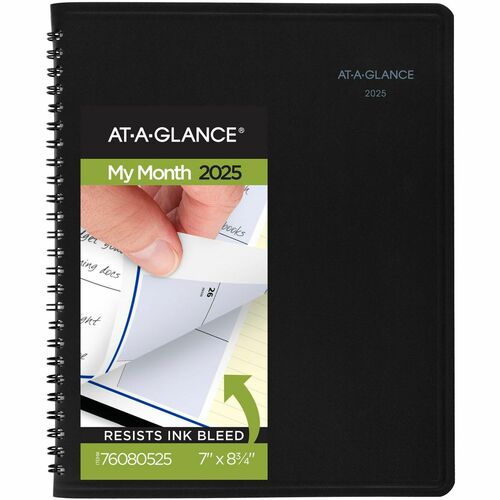 At-A-Glance QuickNotes Planner - Medium Size - Julian Dates - Monthly - 12 Month - January 2024 - December 2024 - 1 Month Double Page Layout - 7" x 8 3/4" White Sheet - Wire Bound - Black - Simulated Leather - Pocket, Address Directory, Phone Directory, N