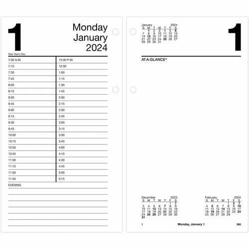At-A-Glance Loose-Leaf Desk Calendar Refill - Large Size - Julian Dates - Daily - 12 Month - January 2024 - December 2024 - 7:00 AM to 5:15 PM - Quarter-hourly - 1 Day Double Page Layout - 4 1/2" x 8" White Sheet - Desktop, Desk - White - Paper - Referenc