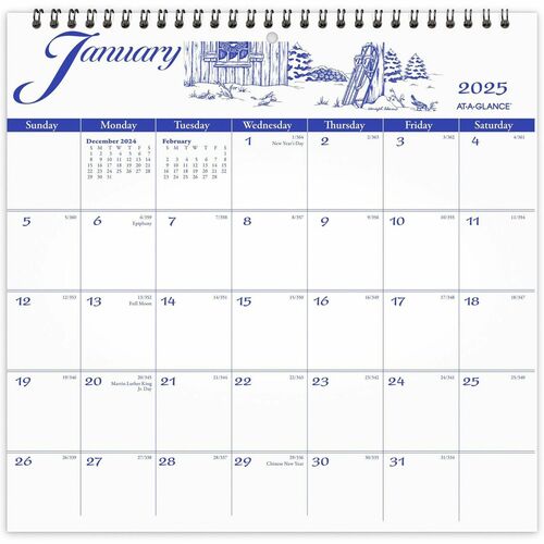 At-A-Glance Illustrator's EditionWall Calendar - Medium Size - Julian Dates - Monthly - 12 Month - January 2024 - December 2024 - 1 Month Single Page Layout - 12" x 12" White Sheet - 1.63" x 1.75" Block - Wire Bound - Blue, White - Paper - Bleed Resistant
