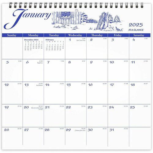 At-A-Glance Illustrator's EditionWall Calendar - Medium - Julian Dates - Monthly - 12 Month - January 2025 - December 2025 - 1 Month Single Page Layout - 12" x 12" Sheet Size - White Sheet - 1.63" x 1.75" Block - Wire Bound - Blue, White - Paper - Bleed R