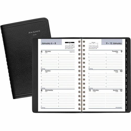 At-A-Glance DayMinder Appointment Book Planner - Pocket Size - Julian Dates - Weekly - 12 Month - January 2024 - December 2024 - 8:00 AM to 5:00 PM - Hourly - 1 Week Double Page Layout - 3 1/2" x 6" White Sheet - Wire Bound - Black - Simulated Leather, Fa