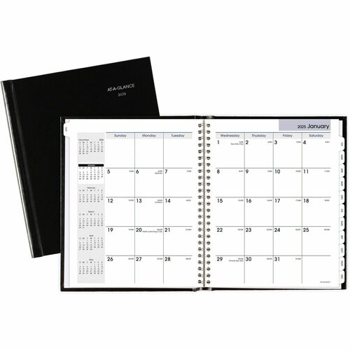 At-A-Glance DayMinder Premiere Planner - Medium Size - Julian Dates - Monthly - 12 Month - January 2024 - December 2024 - 1 Month Double Page Layout - 7" x 8 1/2" White Sheet - Concealed Wire - Black - Paper - Black CoverPocket, Tabbed, Bleed Resistant Pa