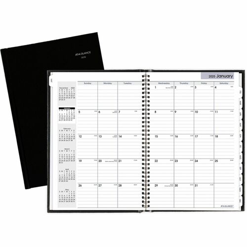 At-A-Glance DayMinder Premiere Planner - Large Size - Julian Dates - Monthly - 14 Month - December 2023 - January 2025 - 1 Month Double Page Layout - 8" x 11 3/4" White Sheet - Concealed Wire - Black - Faux Leather - Black CoverPocket, Tabbed, Bleed Resis