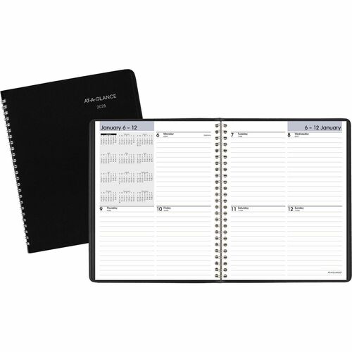 At-A-Glance DayMinder Block StylePlanner - Medium Size - Julian Dates - Weekly - 12 Month - January 2024 - December 2024 - 1 Week Double Page Layout - 6 7/8" x 8 3/4" White Sheet - Wire Bound - Black - Paper, Simulated Leather, Faux Leather - Black CoverB