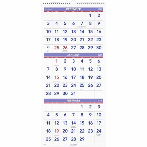 At-A-Glance 3-Month Reference Vertical Wall Calendar - Large Size - Monthly - 14 Month - December 2023 - January 2025 - 3 Month Single Page Layout - 12" x 27" White Sheet - Wire Bound - White - Paper, Chipboard - Sturdy Back - 1 Each