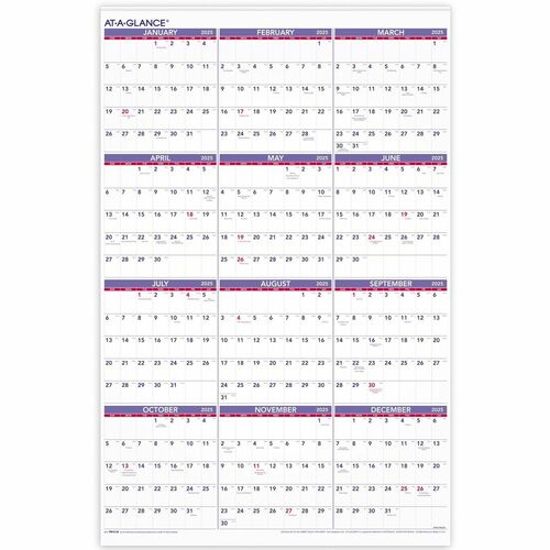 At-A-Glance Recycled Yearly Wall Calendar 24" x 36" English - Extra Large Size - Julian Dates - Yearly - 12 Month - January 2025 - December 2025 - 1 Year Single Page Layout - 24" x 36" White Sheet - 1" x 1.50" Block - Metal Bound - White - Paper - Eyelet,