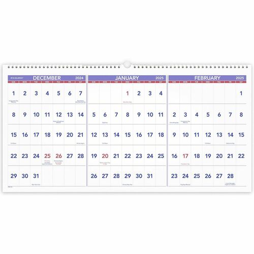 At-A-Glance 3-Month Horizontal Wall Calendar - Large Size - Monthly - 15 Month - December 2023 - February 2025 - 3 Month Single Page Layout - 12" x 24" White Sheet - Wire Bound - Blue, White - Chipboard, Paper - Hanging Loop, Sturdy Back, Bleed Resistant,