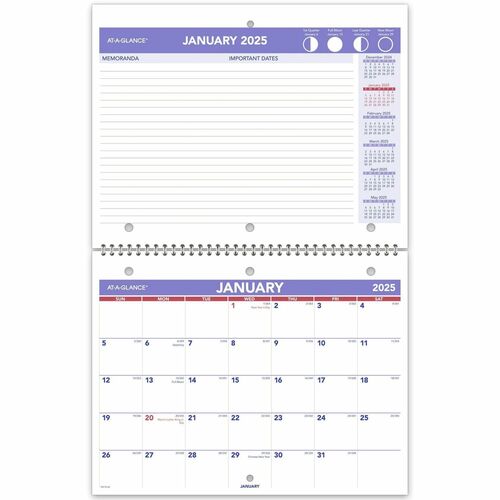 At-A-Glance Desk Wall Calendar - Small Size - Julian Dates - Monthly - 12 Month - January 2024 - December 2024 - 1 Month Single Page Layout 1 Month Double Page Layout - 11" x 8 1/2" White Sheet - 1.50" x 1.25" Block - Wire Bound - Desktop - White - Paper 