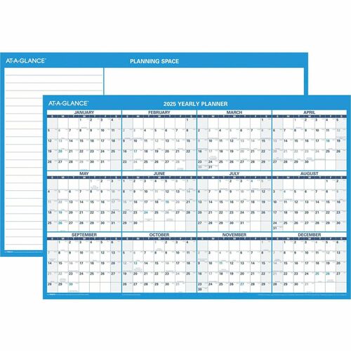 At-A-Glance Horizontal Reversible Erasable Wall Calendar - Large Size - Julian Dates - Yearly - 12 Month - January 2025 - December 2025 - 36" x 24" White Sheet - 1.25" x 1.25" Block - Blue, Gray - Laminate - Laminated, Erasable, Flexible, Write on/Wipe of