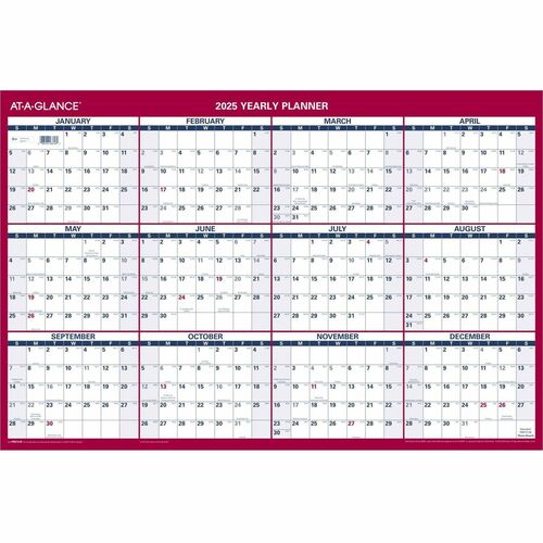 At-A-Glance Vertical Horizontal Reversible Wall Calendar - Large Size - Julian Dates - Yearly - 12 Month - January 2024 - December 2024 - 36" x 24" White Sheet - 1.25" x 1.25" , 1.38" Block - Blue, White, Red - Paper - Reversible, Daily Block - 1 Each