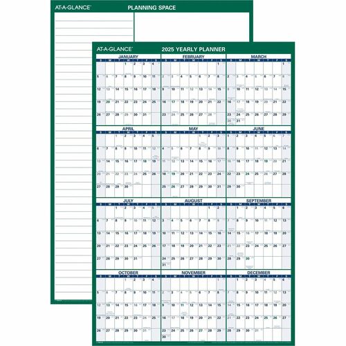 At-A-Glance Vertical Reversible Erasable Wall Calendar - Extra Large Size - Julian Dates - Yearly - 12 Month - January 2024 - December 2024 - 48" x 32" White Sheet - Green - Laminate - Erasable, Laminated, Write on/Wipe off, Reversible, Notes Area, Unrule