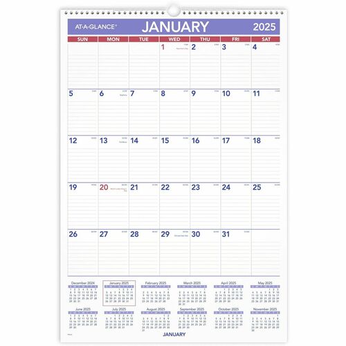 At-A-Glance Wall Calendar - Large Size - Julian Dates - Monthly - 12 Month - January 2024 - December 2024 - 1 Month Single Page Layout - 15 1/2" x 22 3/4" White Sheet - 2.06" x 3.31" Block - Wire Bound - White - Chipboard, Paper - Hanging Loop, Reference 