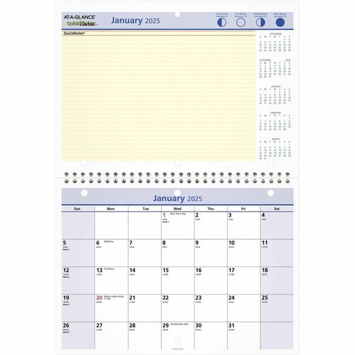 At-A-Glance QuickNotes Desk Wall Calendar - Small Size - Julian Dates - Monthly - 12 Month - January 2024 - December 2024 - 1 Month Single Page Layout 1 Month Double Page Layout - 11" x 8" White Sheet - 1.25" x 1.25" Block - Wire Bound - Paper - Hole-punc
