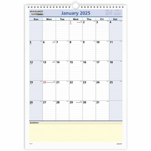 At-A-Glance QuickNotes Wall Calendar - Medium Size - Julian Dates - Monthly - 12 Month - January 2024 - December 2024 - 1 Month Single Page Layout - 12" x 17" Sheet Size - 1.50" x 2.25" Block - Wire Bound - White - Paper - Hanging Loop, Task List, Referen