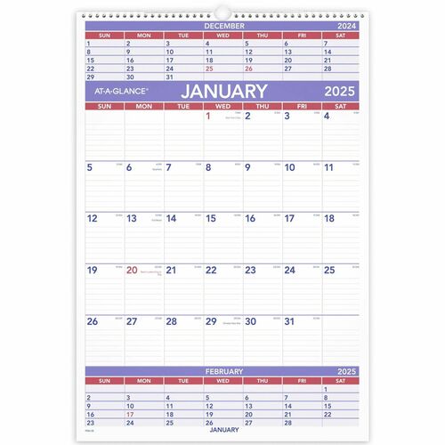 At-A-Glance 3-Month Wall Calendar - Large Size - Julian Dates - Monthly - 12 Month - January 2024 - December 2024 - 3 Month Single Page Layout - 15 1/2" x 22 3/4" White Sheet - 2" x 2.50" Block - Wire Bound - White - Chipboard, Paper - Hanging Loop, Sturd