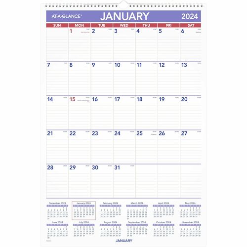 At-A-Glance Erasable Wall Calendar - Large Size - Julian Dates - Monthly - 12 Month - January 2024 - December 2024 - 1 Month Single Page Layout - 15 1/2" x 22 3/4" White Sheet - 2.06" x 3.31" Block - Wire Bound - Red, White, Blue - Laminate - Erasable, La