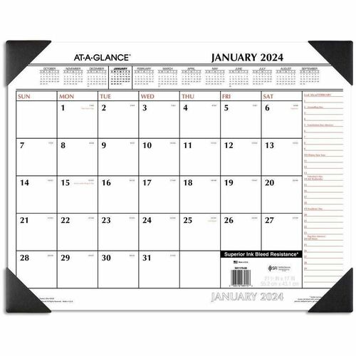 At-A-Glance 2-Color Desk Pad - Extra Large Size - Julian Dates - Yearly - 12 Month - January 2024 - December 2024 - 1 Month Single Page Layout - 48" x 32" White Sheet - 2.38" x 2.63" Block - Desk Pad - Black - Poly, Laminate - Date Indicator, Unruled Dail