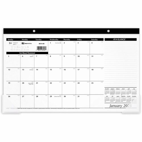 At-A-Glance Desk Pad Calendar - Julian Dates - Monthly - 12 Month - January 2024 - December 2024 - 1 Month Single Page Layout - 17 3/4" x 11" White Sheet - 1.50" x 1.50" Block - Headband - Desktop, Desk Pad - Black - Poly, Paper - Compact, Unruled Daily B