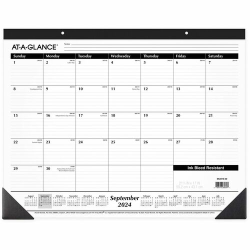 At-A-Glance 16-Month Monthly Desk Pad - Academic - Julian Dates - Monthly - 16 Month - September 2023 - December 2024 - 1 Month Single Page Layout - 22" x 17" White Sheet - 2.88" x 2.38" Block - Headband - Desk Pad - Poly, Paper - Black Cover - 17.1" Heig
