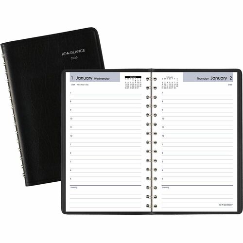 At-A-Glance Daily Appointment Book Planner - Small Size - Julian Dates - Daily - 12 Month - January 2025 - December 2025 - 7:00 AM to 5:00 PM - Monday - Saturday, Hourly - 1 Day Single Page Layout - 5" x 8" White Sheet - Wire Bound - Black - Simulated Lea