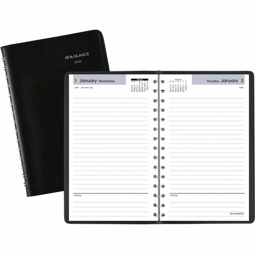 DayMinder 2024 Basic Daily Planner, Black, Small, 5" x 8" - Small Size - Julian Dates - Daily - 12 Month - January 2024 - December 2024 - 1 Day Single Page Layout - 5" x 8" White Sheet - Wire Bound - Leather - Simulated Leather, Paper, Faux Leather - Blac