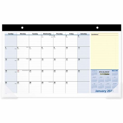 At-A-Glance QuickNotes 2024 Compact Monthly Desk Pad Calendar, Compact, 18" x 11" - Standard Size - Julian Dates - Monthly - 13 Month - January 2024 - January 2025 - 1 Month Single Page Layout - 18" x 11" White Sheet - Headband - Desktop - Blue, White, Ye