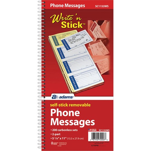 Adams Write 'n Stick Phone Message Book - 200 Sheet(s) - Spiral Bound - 2 PartCarbonless Copy - 5.25" x 11" Sheet Size - Assorted Sheet(s) - 1 Each