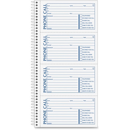 Adams Spiral Bound Phone Message Books - 400 Sheet(s) - Spiral Bound - 2 Part - 5 1/4" x 11" Sheet Size - Assorted Sheet(s) - Recycled - 1 Each