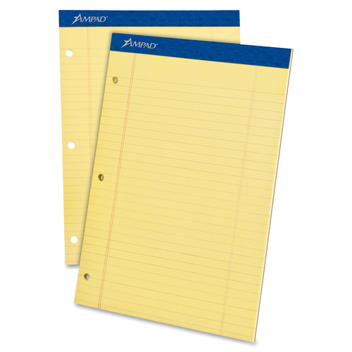 Ampad Legal-ruled 3-hole Writing Pad - 50 Sheets - 0.34" (8.64 mm) Ruled - 15 lb (6803.89 g) Basis Weight - 8 1/2" (21.59 cm) x 11 3/4" (29.85 cm) Sheet Size - Canary Paper - Wheat Binding - Perforated, Hole-punched, Easy Tear, Sturdy Back - 1 Dozen