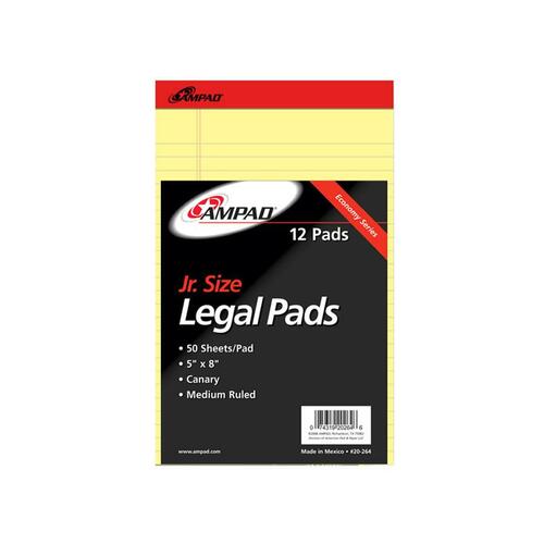 TOPS Perforated Legal Pad - Jr.Legal - 50 Sheets - Legal Ruled Margin - 15 lb Basis Weight - Jr.Legal - 5" x 8" - Canary Paper - Perforated, Hard Cover - 12/Pack